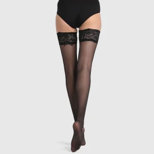 Bas autofixant semi-opaque noir jarretière dentelle Dim Up Sexy 25D