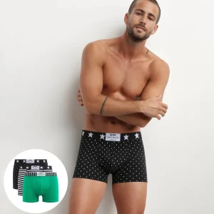 Lot de 3 boxers homme coton stretch à imprimés pois rayures Dim Vibes