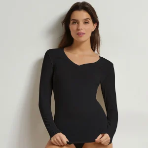 T-shirt femme col V modal et cachemire Noir Light & Warm