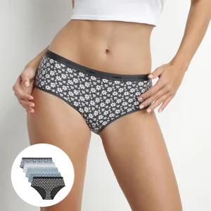 Lot de 5 shorties femme coton stretch Bleu Gris à fleurs Les Pockets