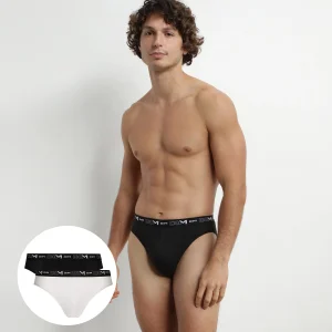 Lot de 2 slips homme Noir Blanc ceinture contrastée Dim Coton Stretch
